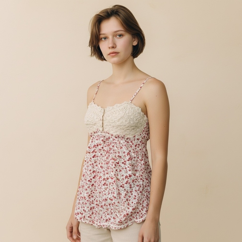 Y2K Crochet Floral Lace‎ Babydoll Cami Tank Top Sz M Cottage Farmers Market Boho